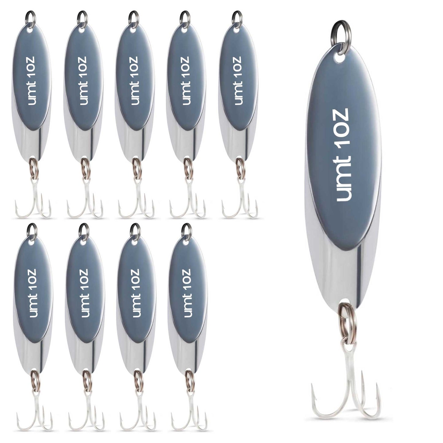 Chrome Spoon Lure set with 3/0 treble hook - 3/4oz, 1oz, 2oz - 1, 5, 10 Pack Options