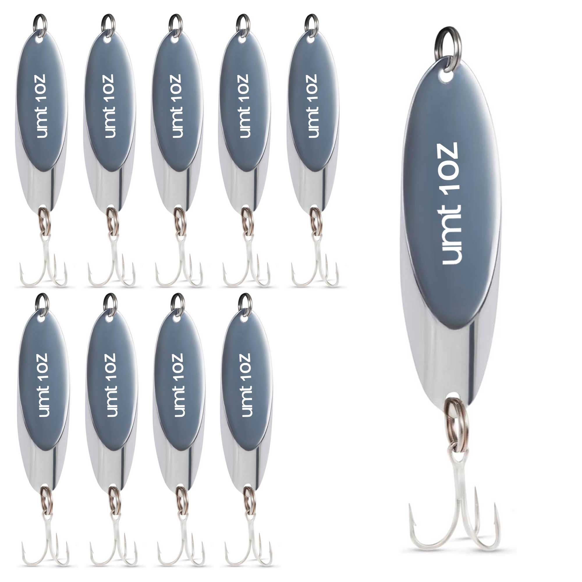 Chrome Spoon Lure set with 3/0 treble hook - 3/4oz, 1oz, 2oz - 1, 5, 10 Pack Options
