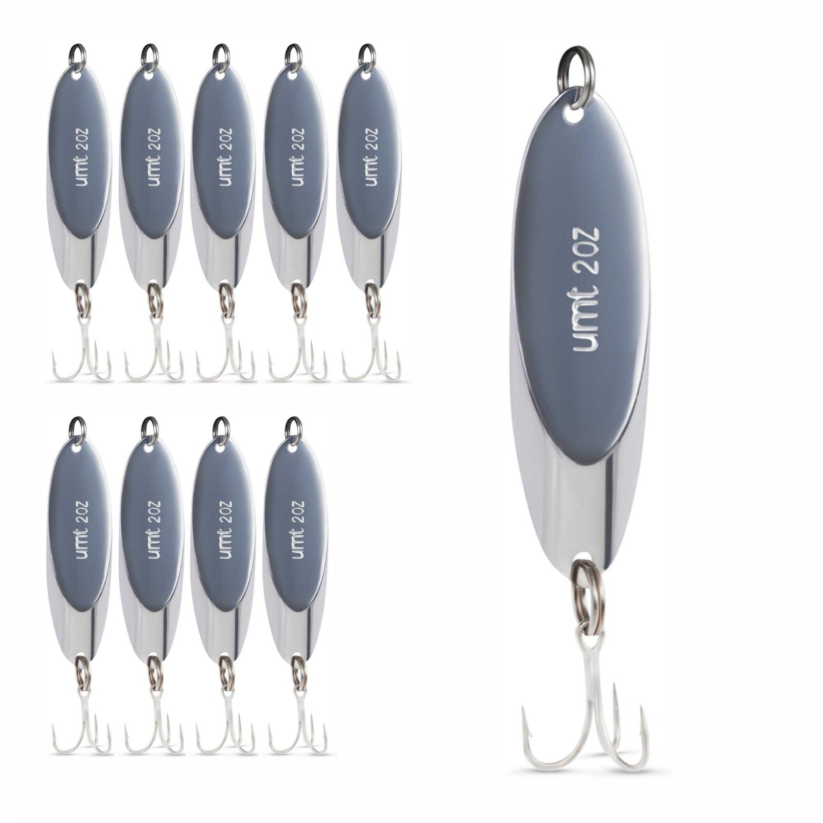 Chrome Spoon Lure set with 3/0 treble hook - 3/4oz, 1oz, 2oz - 1, 5, 10 Pack Options