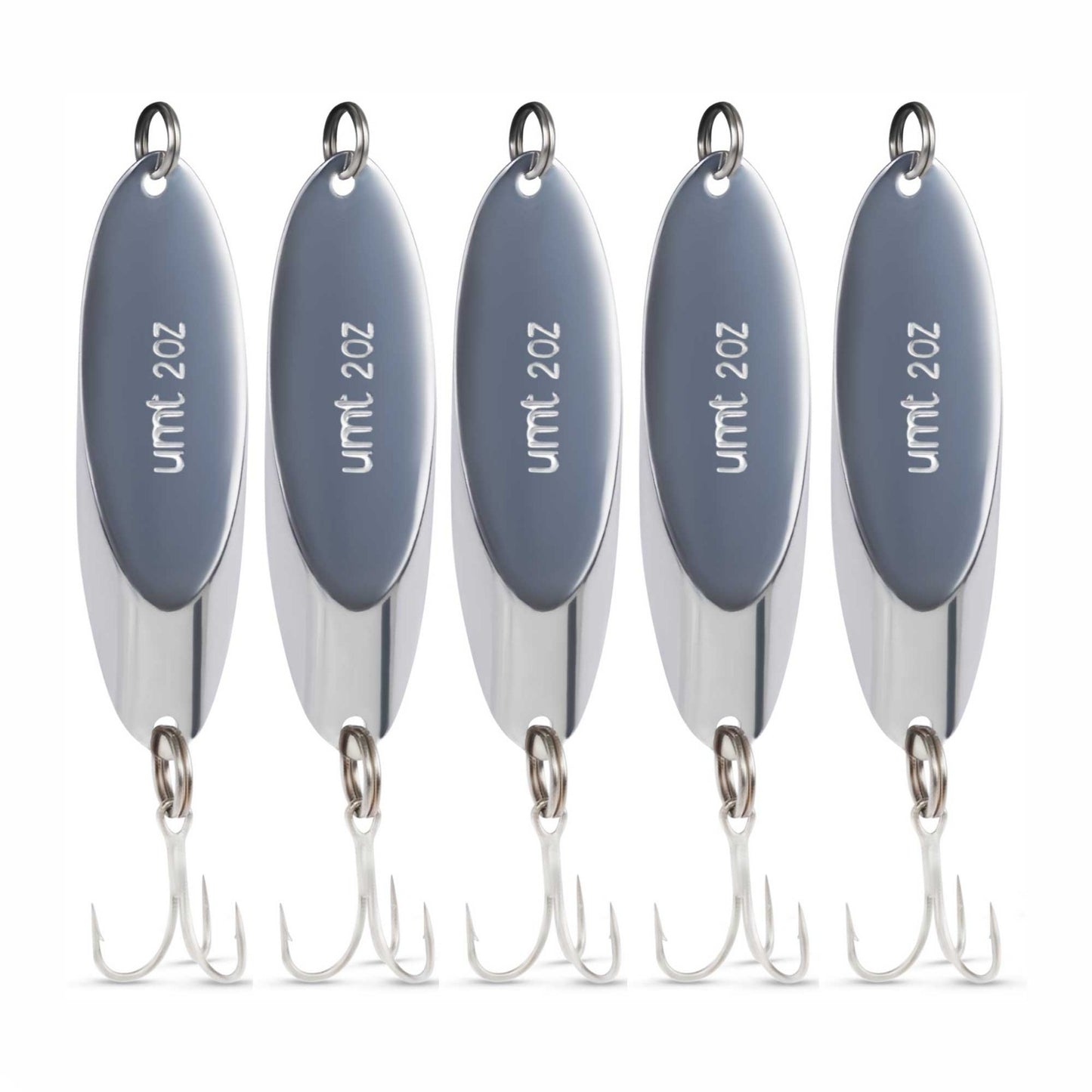Chrome Spoon Lure set with 3/0 treble hook - 3/4oz, 1oz, 2oz - 1, 5, 10 Pack Options