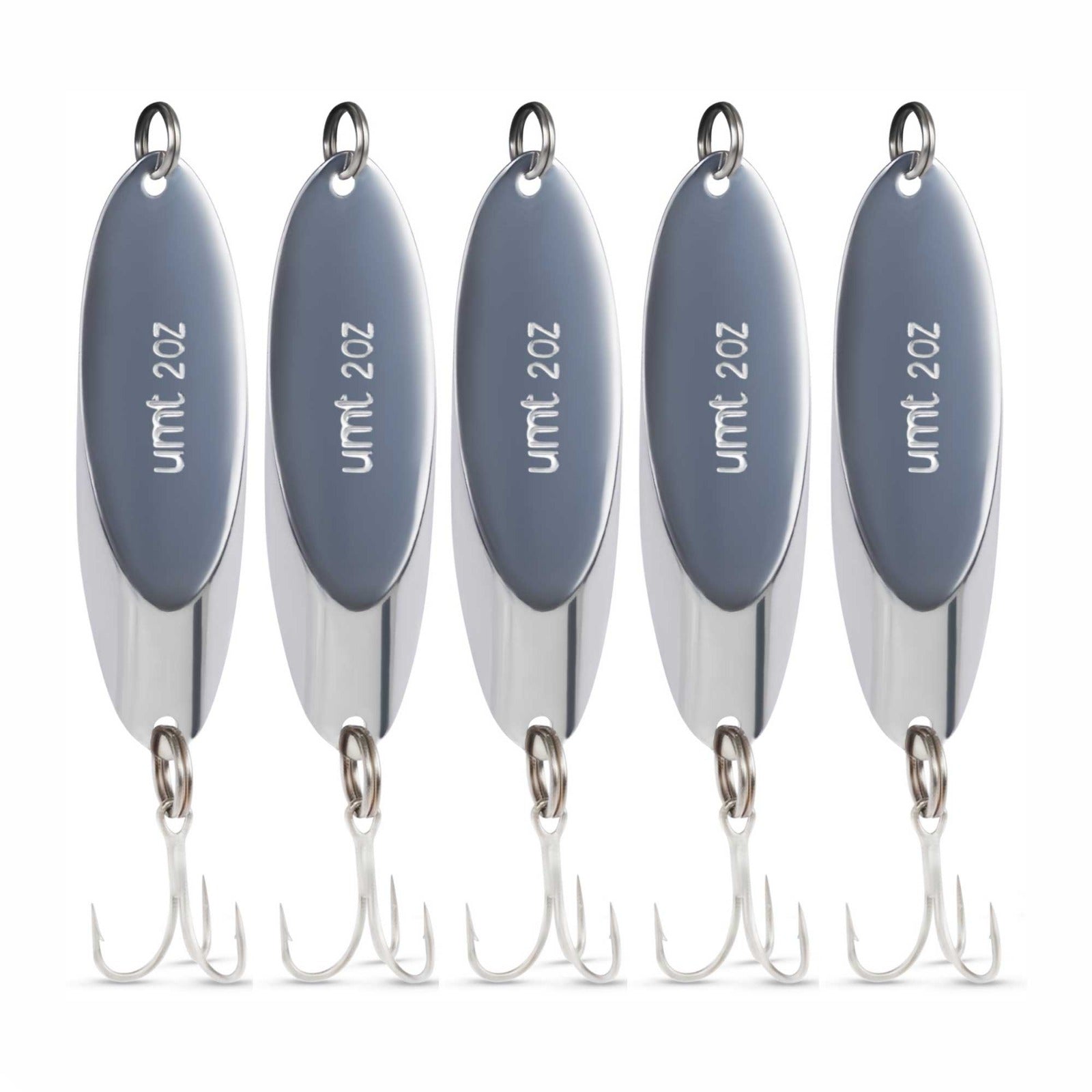 Chrome Spoon Lure set with 3/0 treble hook - 3/4oz, 1oz, 2oz - 1, 5, 10 Pack Options
