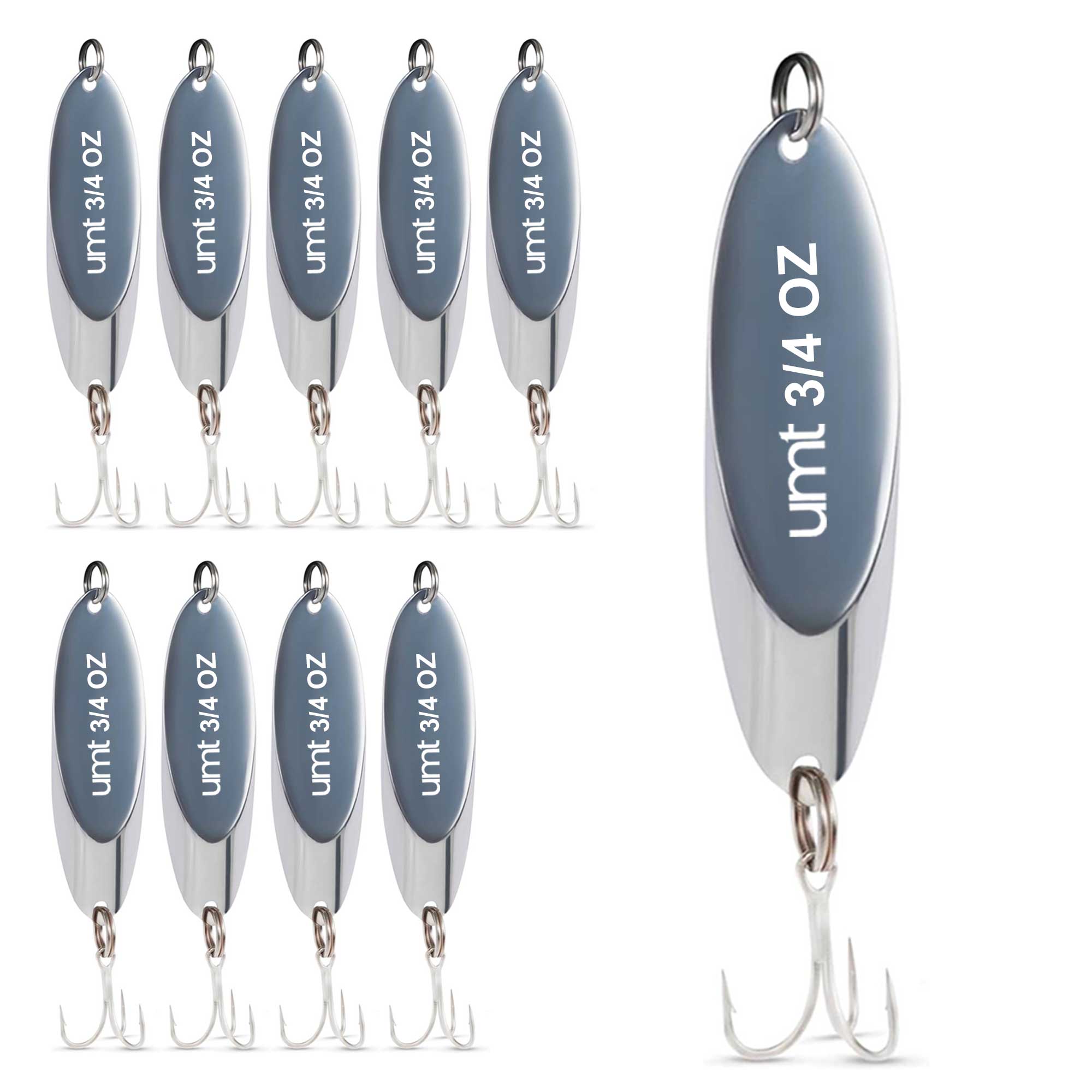Chrome Spoon Lure set with 3/0 treble hook - 3/4oz, 1oz, 2oz - 1, 5, 10 Pack Options