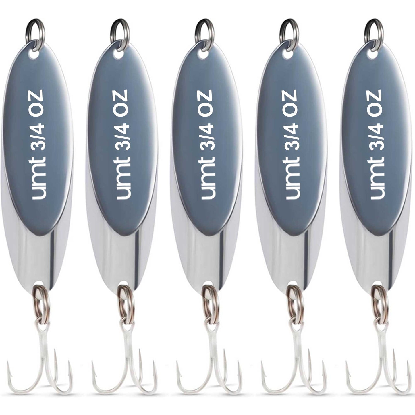 Chrome Spoon Lure set with 3/0 treble hook - 3/4oz, 1oz, 2oz - 1, 5, 10 Pack Options