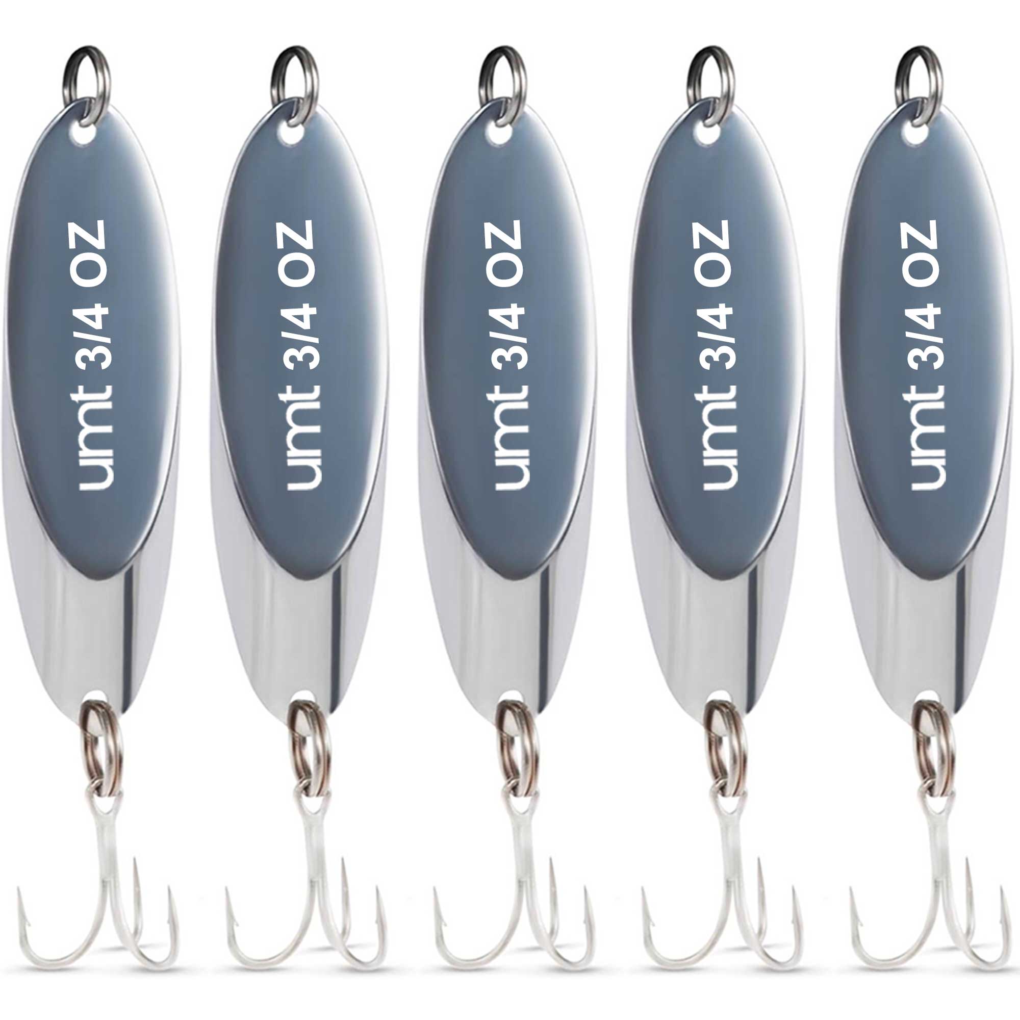 Chrome Spoon Lure set with 3/0 treble hook - 3/4oz, 1oz, 2oz - 1, 5, 10 Pack Options