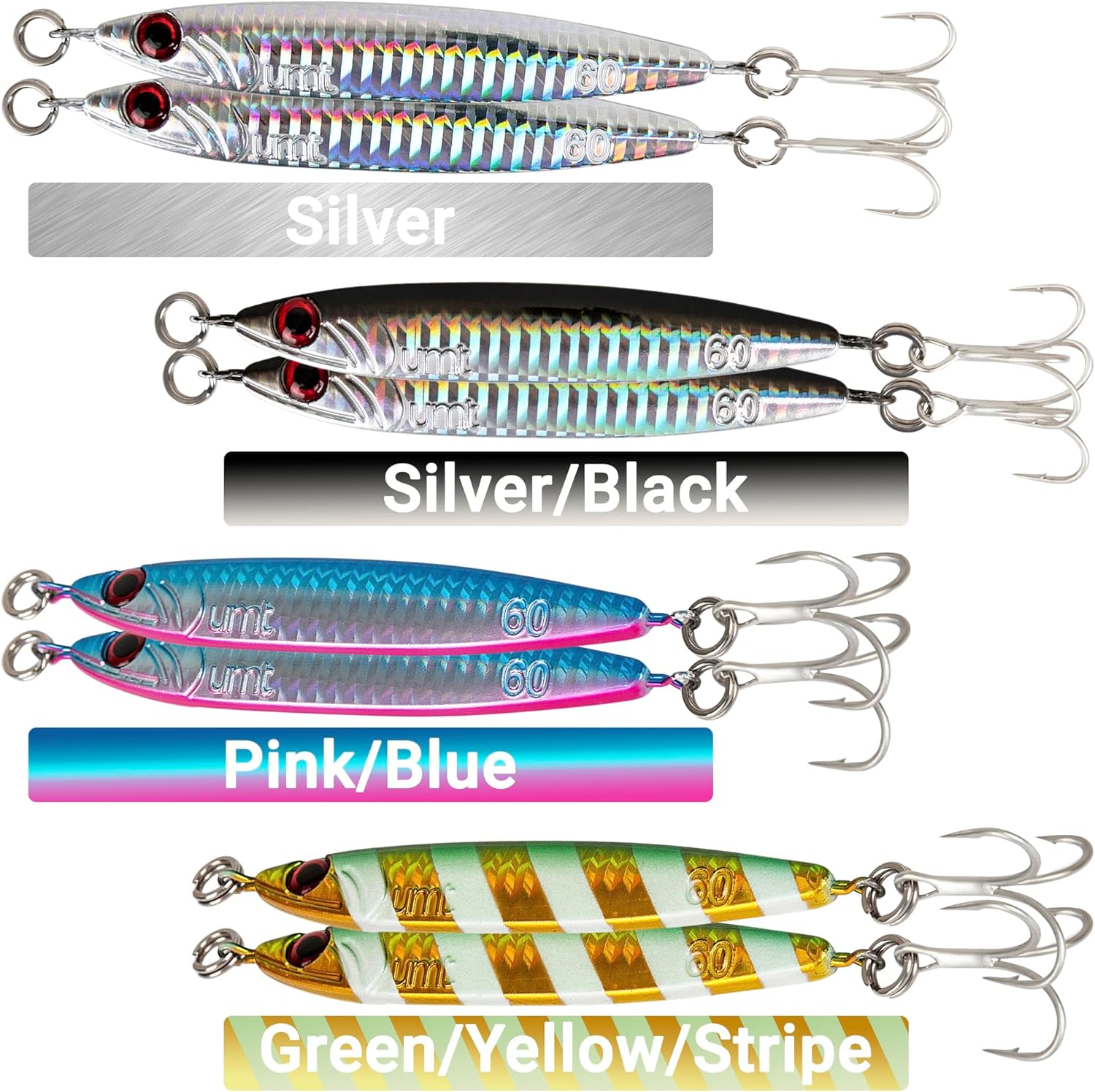 bass lures names 40g Multicolor Casting Jigs (8Pk) by UMT - Saltwater & Freshwater Fishing Jig for Sea Bass, Fluke, Porgy