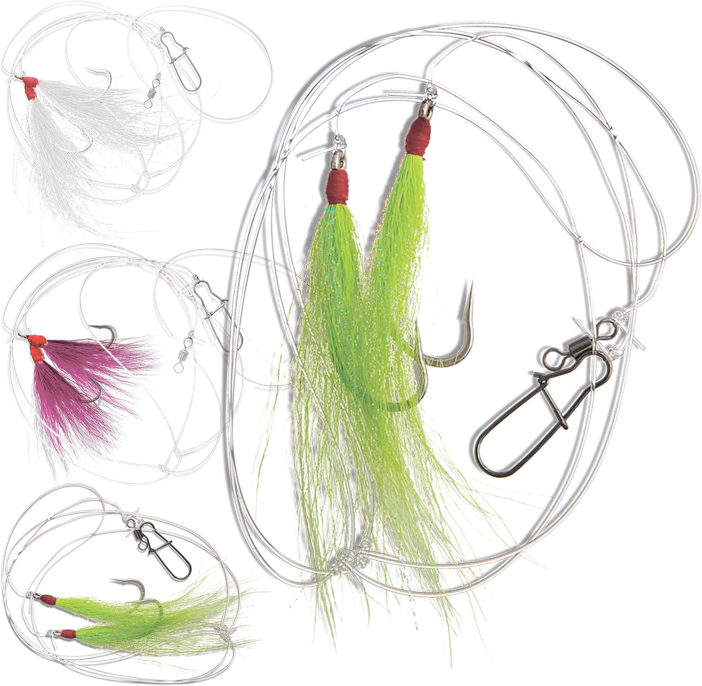 Multi color Bucktail Teaser Hi Lo Rig, 3, 6 or 12 pack