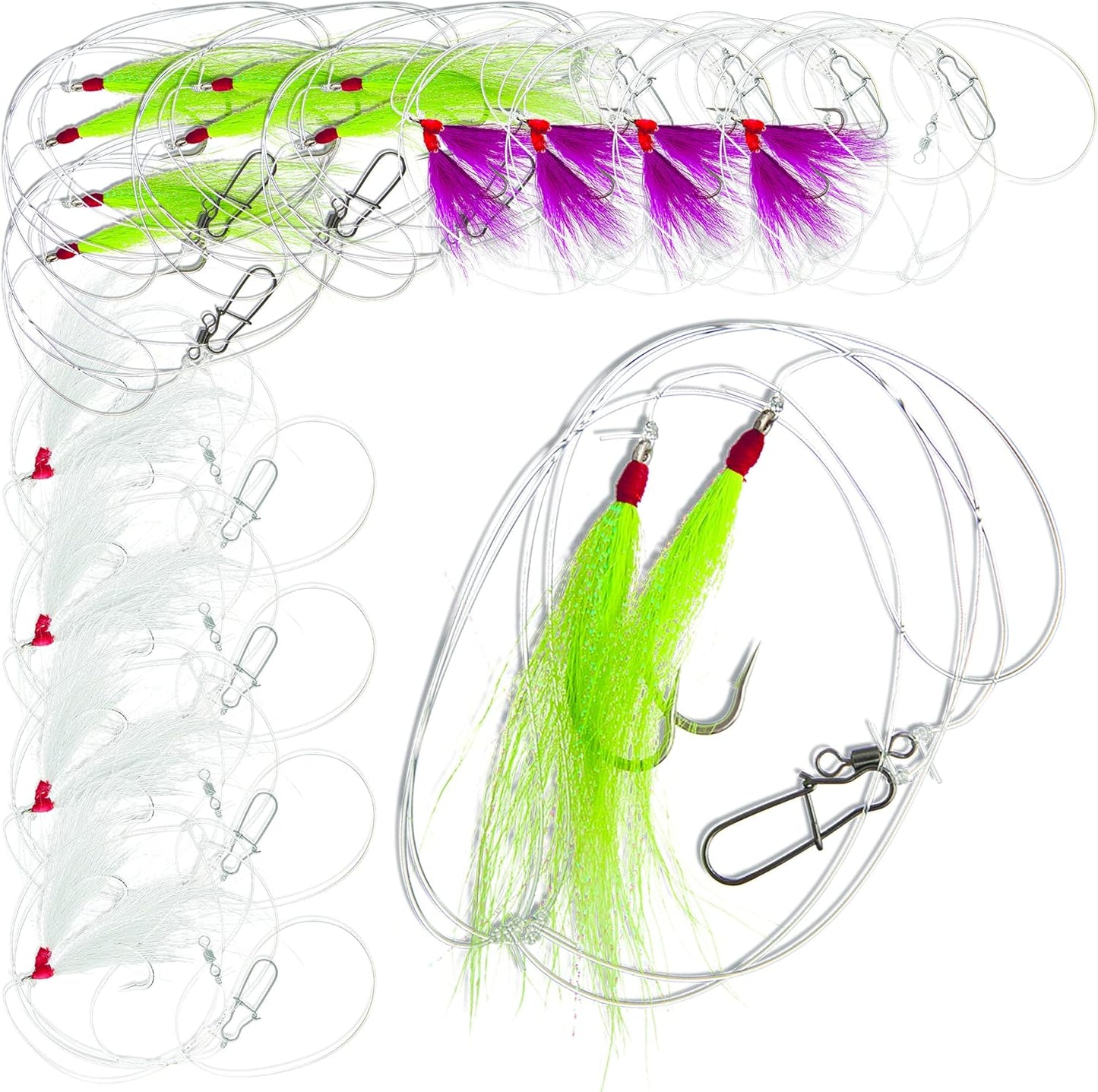 Multi color Bucktail Teaser Hi Lo Rig, 3, 6 or 12 pack