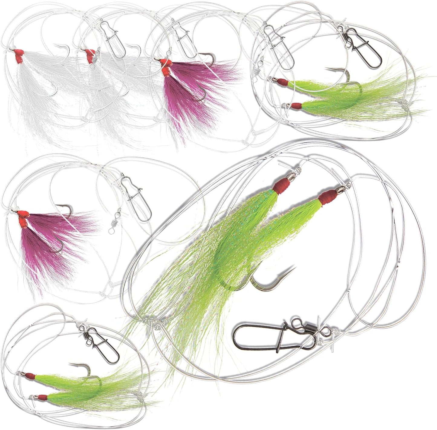 Multi color Bucktail Teaser Hi Lo Rig, 3, 6 or 12 pack