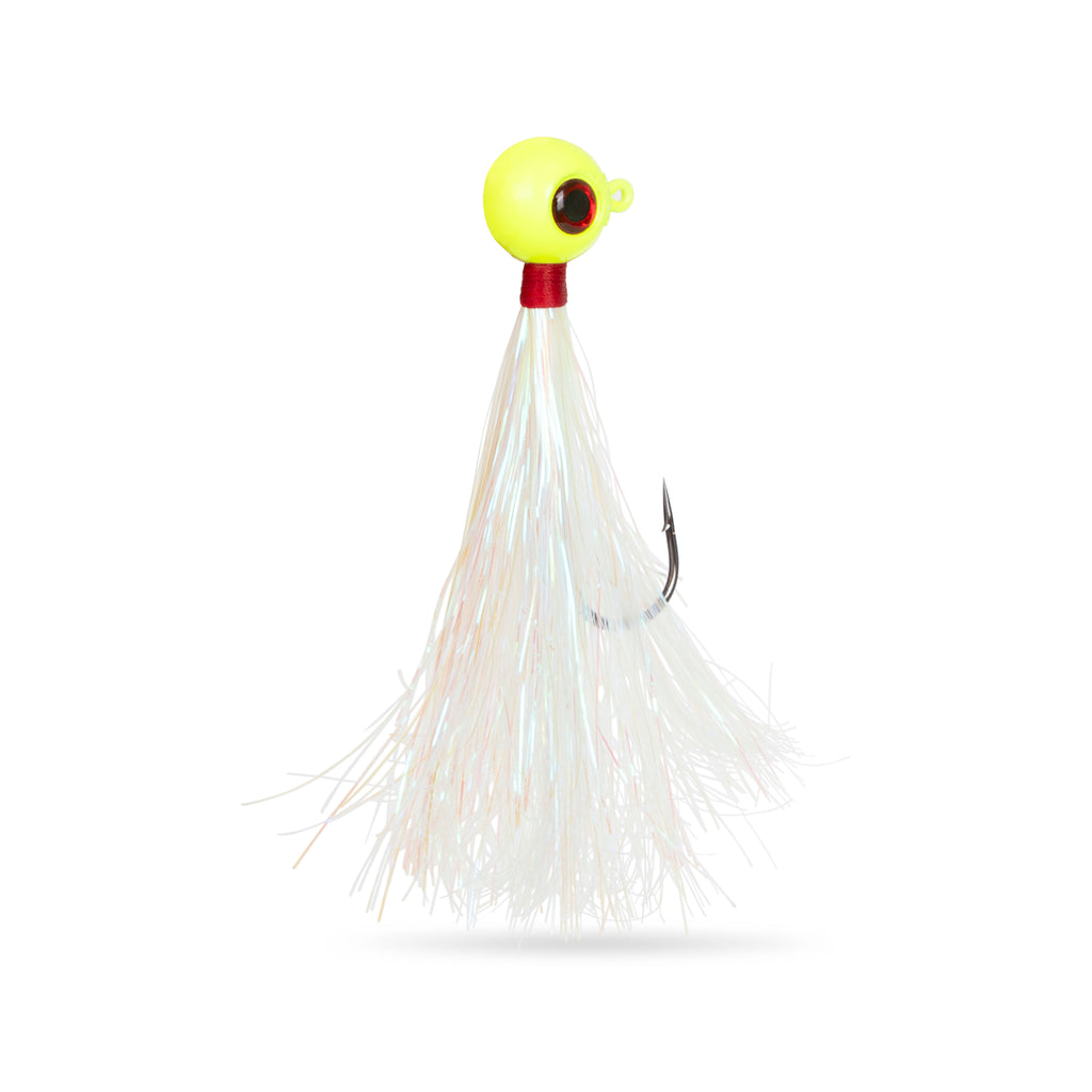Fluke Jigs Set with Mylar Teaser - White & Chartreuse 2oz, 3oz, 4oz - 1, 5, 10 Pack Options