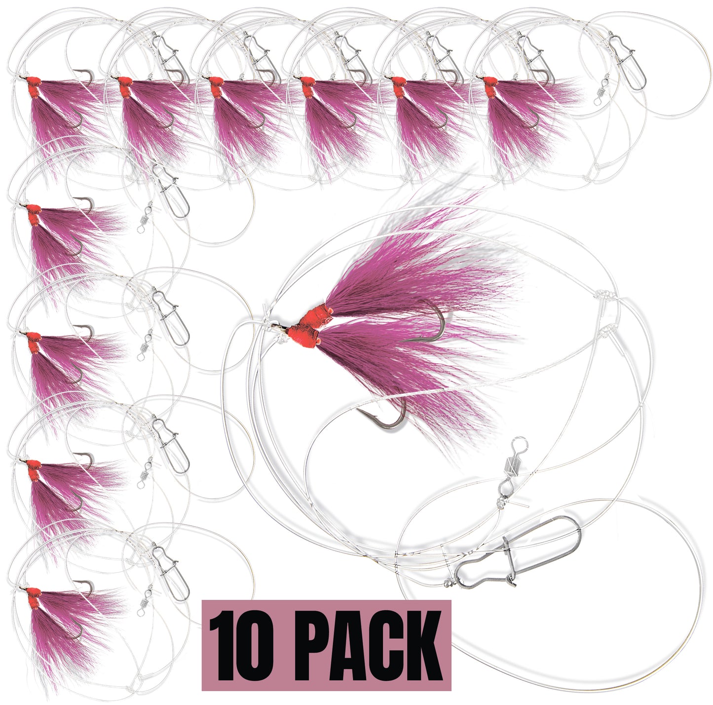 BUCKTAIL Teaser Fluke Flounder Hi/Lo Fishing Rig 1, 5, 10 pack, White, Pink, Chartreuse