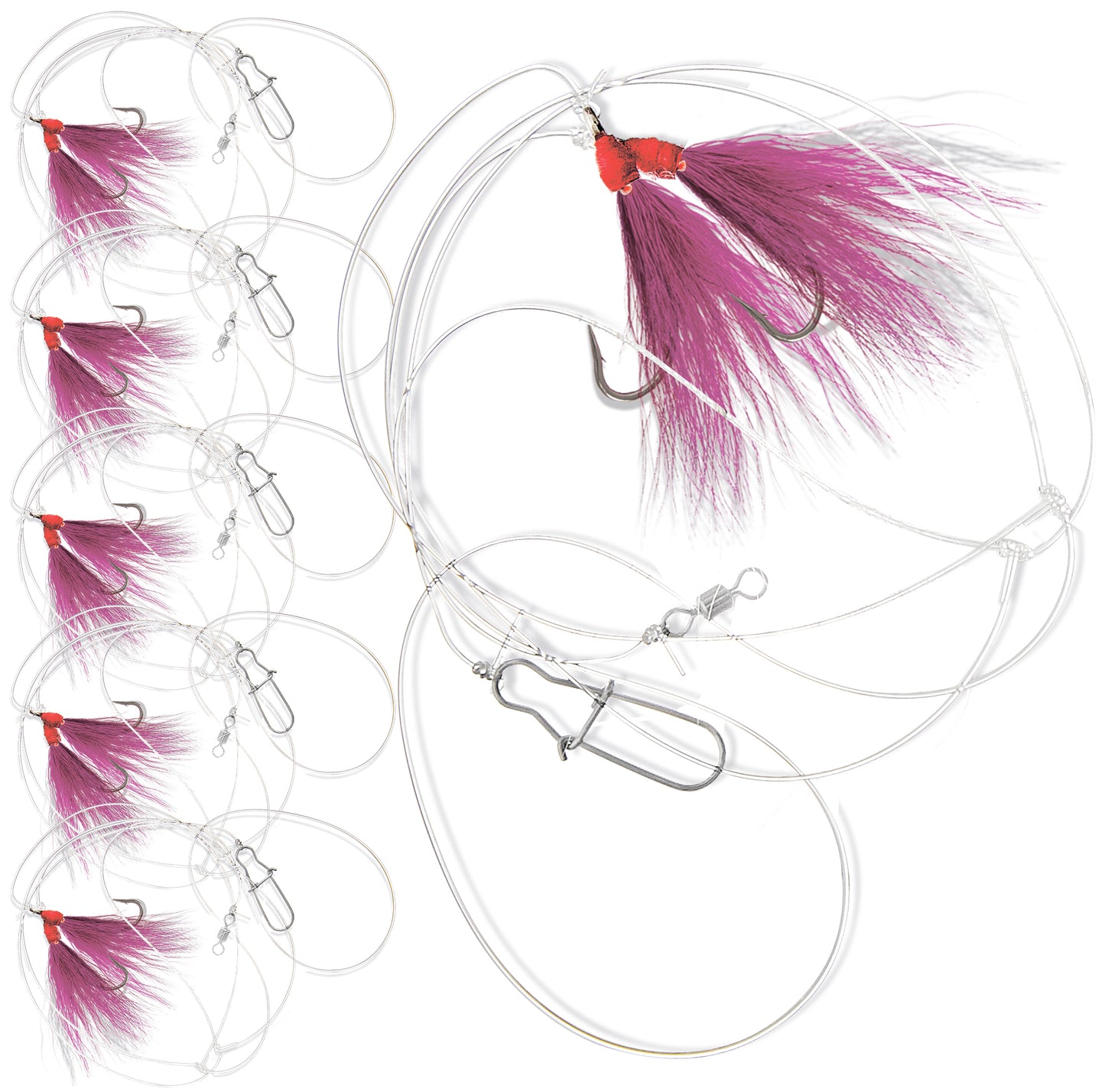 BUCKTAIL Teaser Fluke Flounder Hi/Lo Fishing Rig 1, 5, 10 pack, White, Pink, Chartreuse